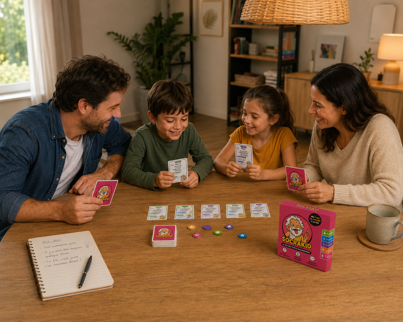 Une famille de quatre joue ensemble à SocraKid autour de la table, cartes étalées et carnet d’idées ouvert