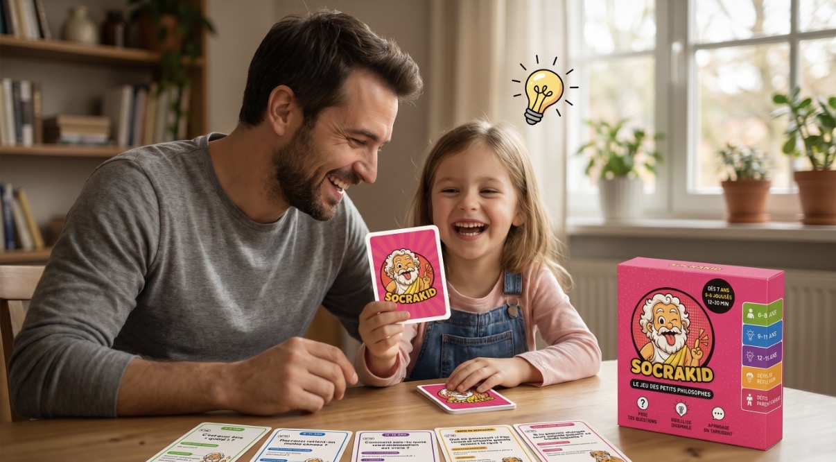 Un père et sa fille rient ensemble en jouant aux cartes SocraKid à la maison