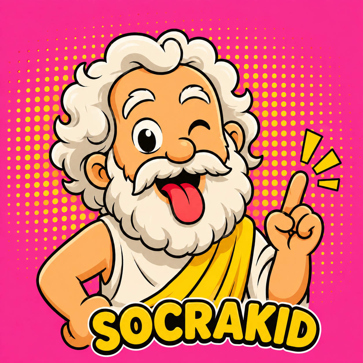 Socrate, le guide malicieux de SocraKid, fait un clin d’œil et tire la langue